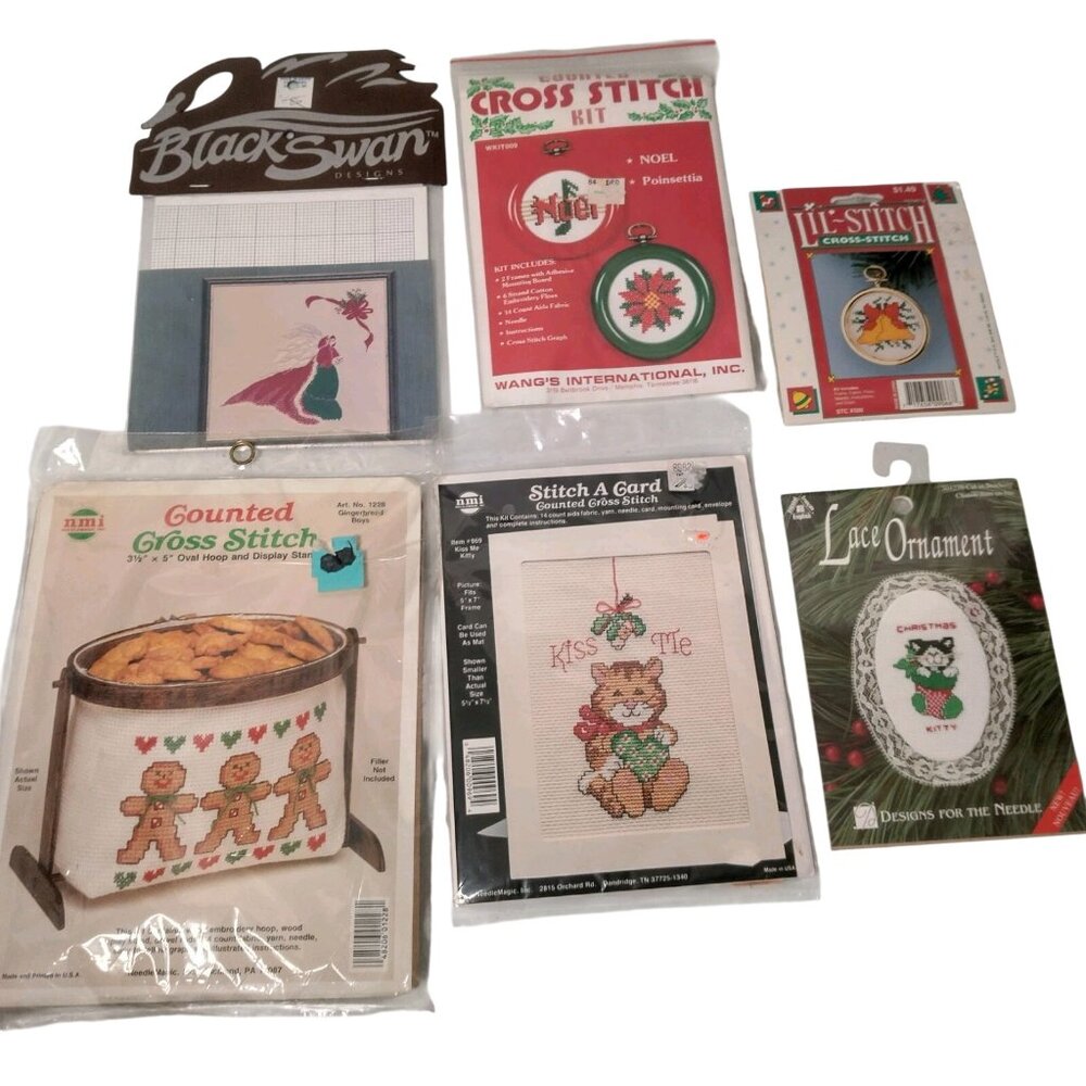 Christmas Cross Stitch Kits Lot of 6 Mixed Projects Ornaments Card Display Stand